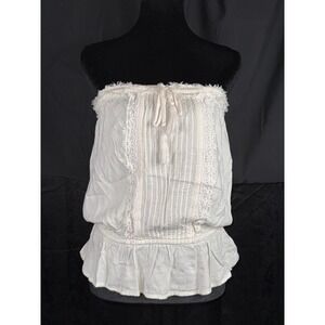 Boho Cream Lace Trim Strapless Tube Top Pintuck Peplum Tassel Drawstring Smocked